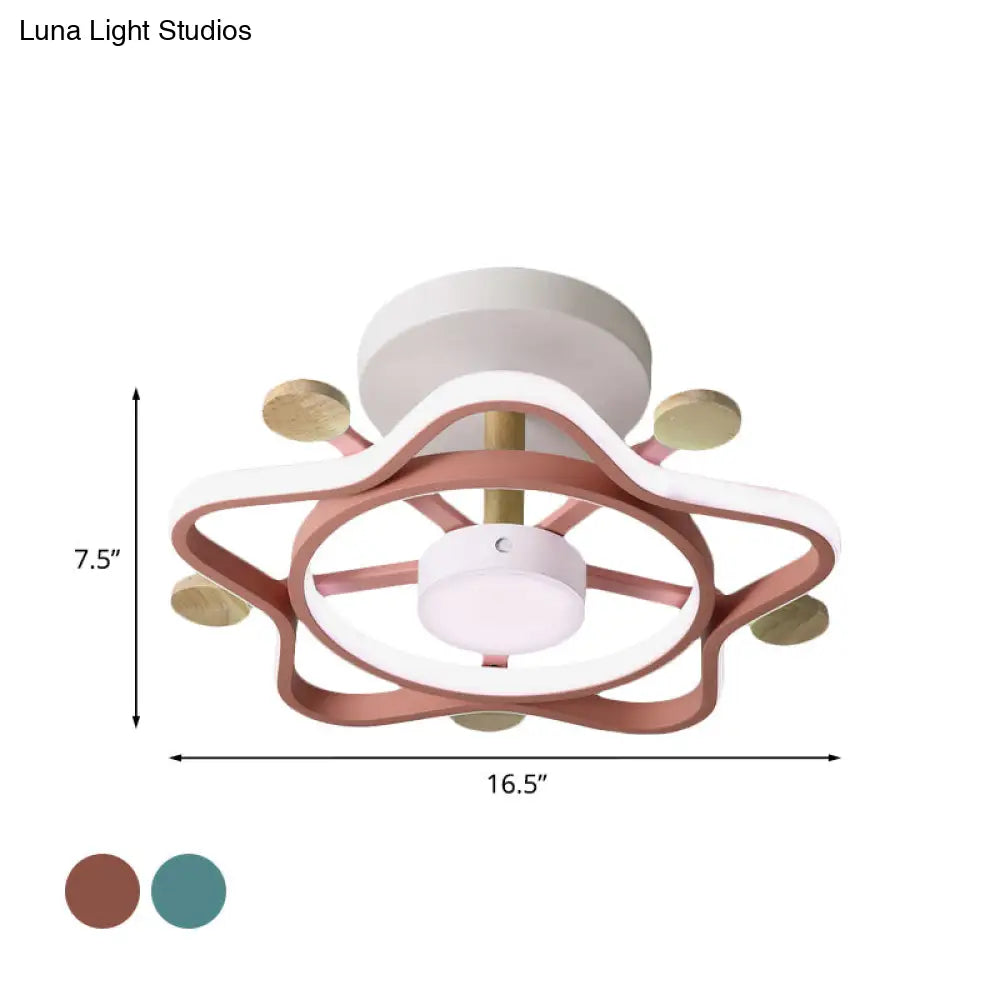 Kid’s Pink/Blue Wood Pentagram Led Semi Flush Light - Ceiling Lighting For Baby Room In Warm/White
