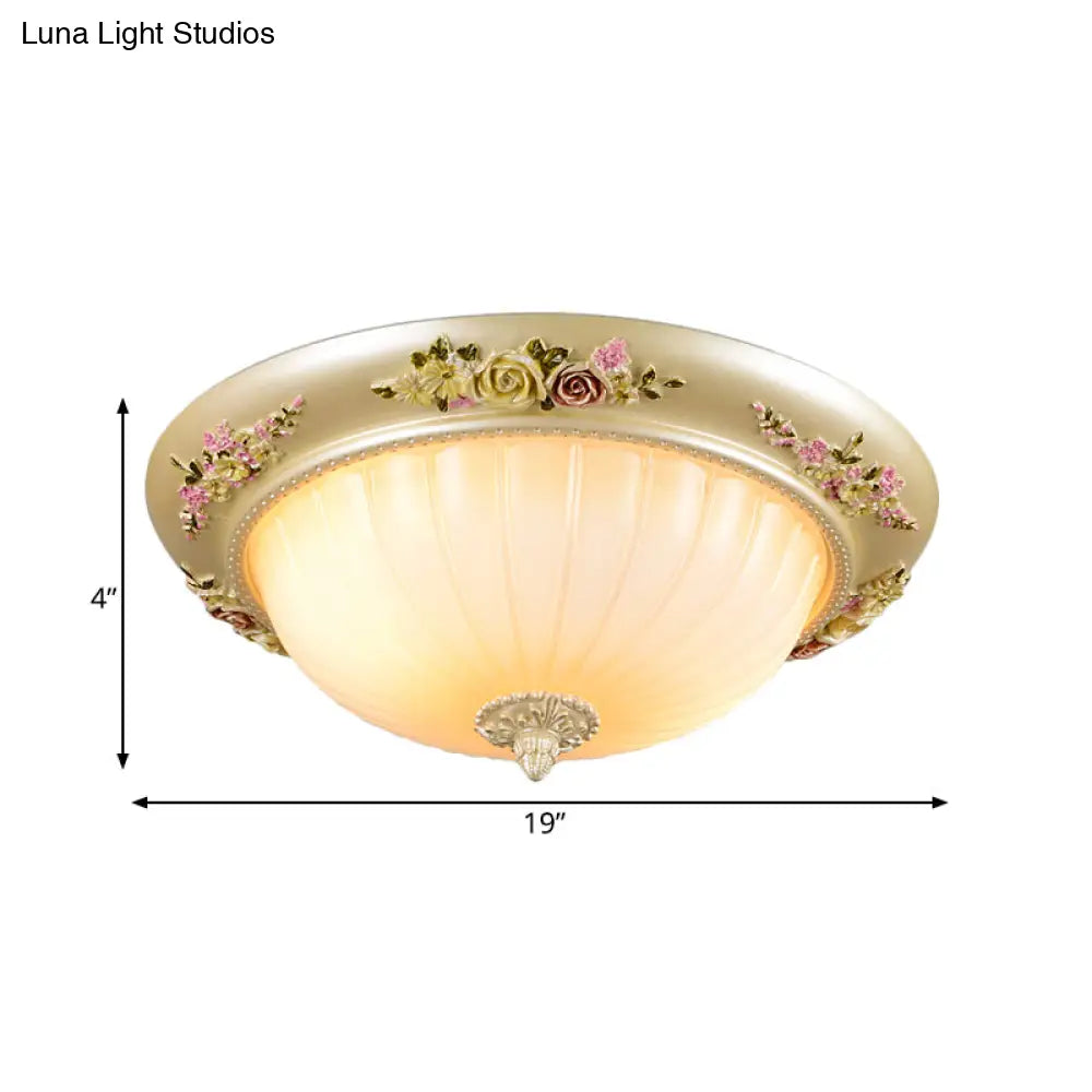 Korean Countryside Dome Flushmount Ceiling Light - 2 Heads Prismatic Glass Gold Finish Flower Decor