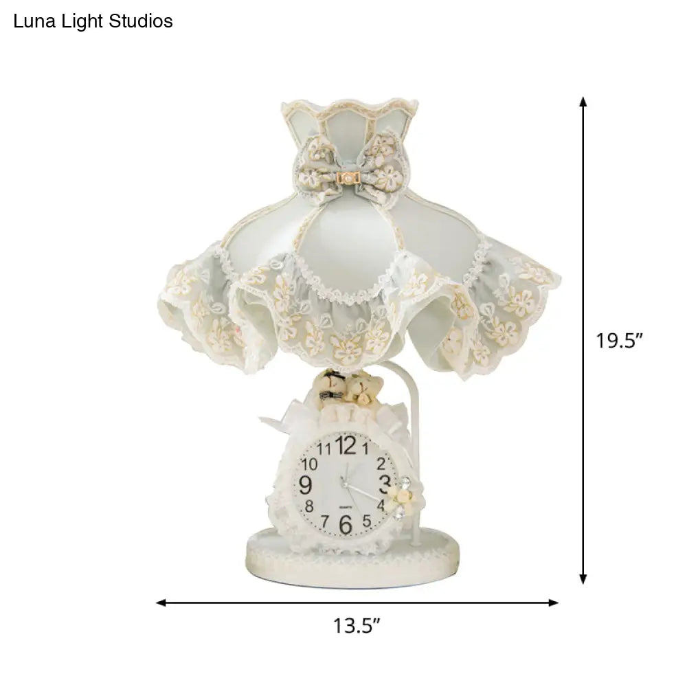 Korean Garden White Nightstand Lamp: Ruffled Fabric Shade Clock And Soft Bedroom Night Light