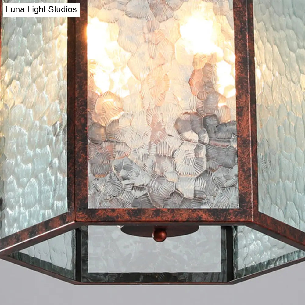 Lantern Frosted Glass Pendant Lamp - Retro 4-Bulb Antique Copper Chandelier
