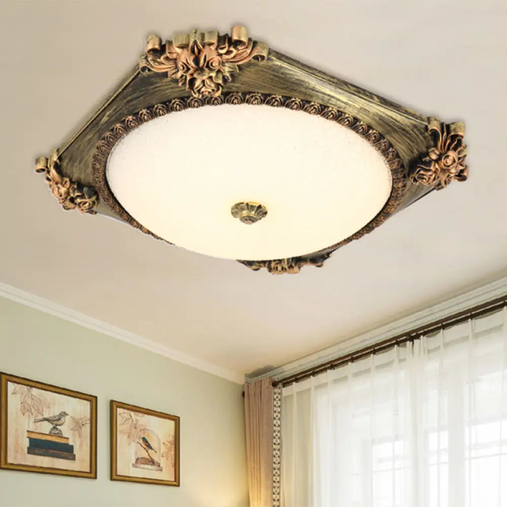 Led Frosted Glass Square Flush Mount Fixture With Bronze/Copper Finish - Countryside Ceiling Light