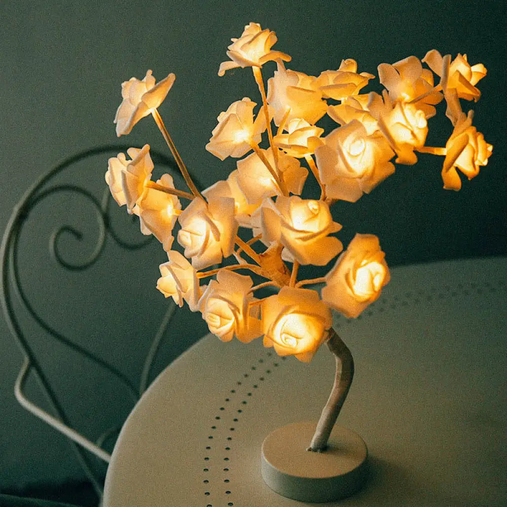 Led Rose Tree Table Lamp With Usb Charging & Artistic Design White / Rechargeable