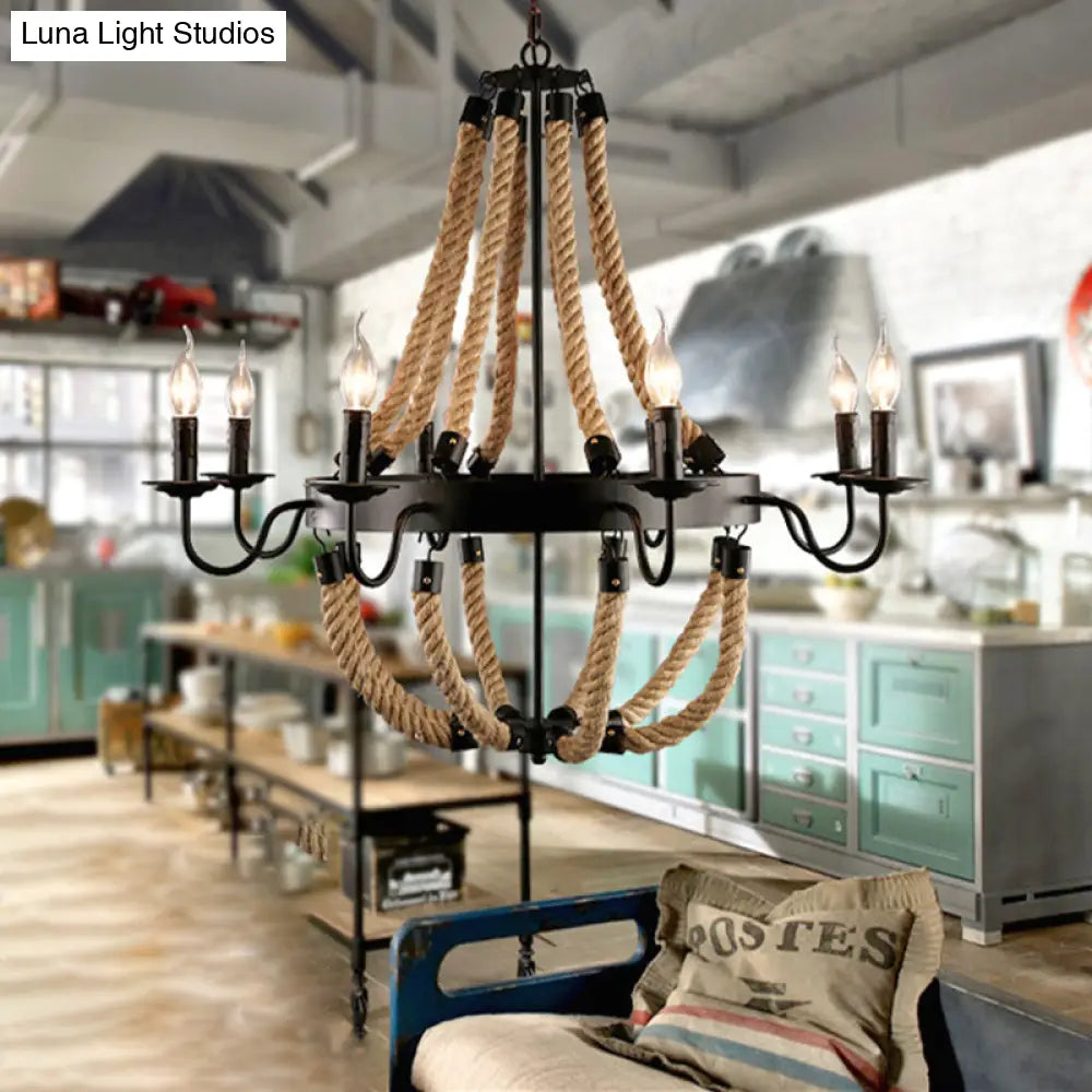 Loft Style Candelabrum Chandelier With 8 Bulbs And Hemp Rope - Black Hanging Lamp For Living Room