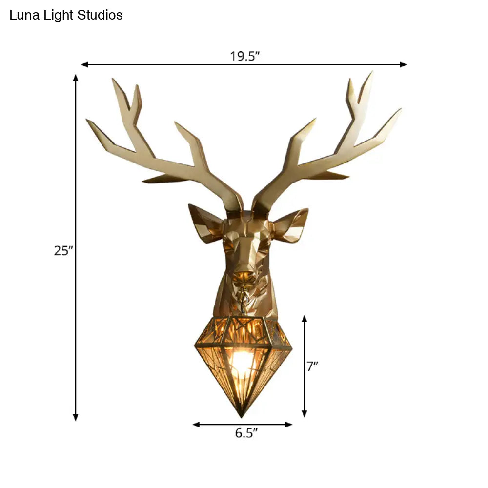 Loft Style Elk Resin Wall Lamp With Diamond Cage Shade - Black/White/Gold Sconce Light 14.5/19.5 W
