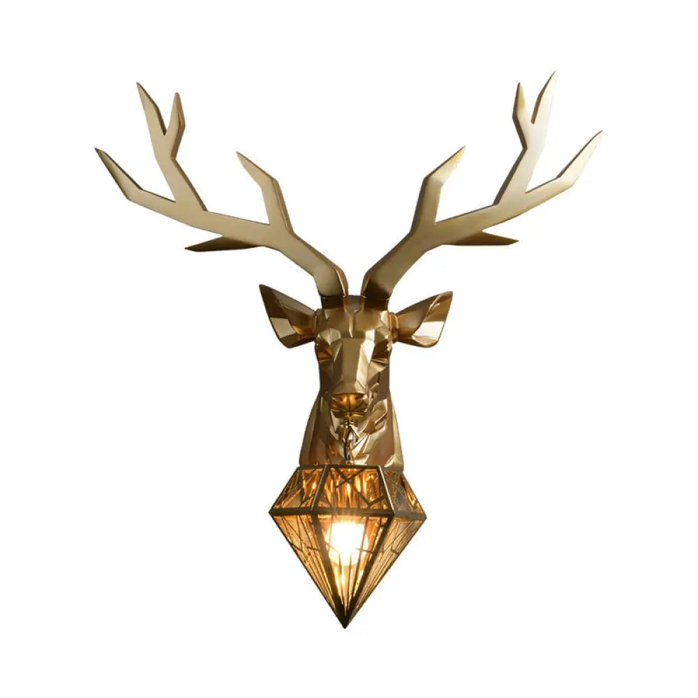 Loft Style Elk Resin Wall Lamp With Diamond Cage Shade - Black/White/Gold Sconce Light 14.5/19.5 W
