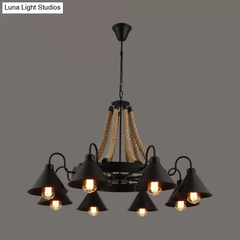 Loft Style Rope Chandelier With Cone Metal Shade - Brown Pendant Light 6/8 Heads
