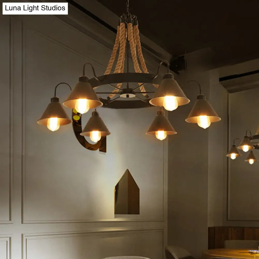 Loft Style Rope Chandelier With Cone Metal Shade - Brown Pendant Light 6/8 Heads