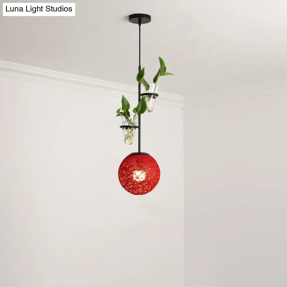Macaron Rattan Globe Pendant Light With Plant Pot - Beige/Red/Pink