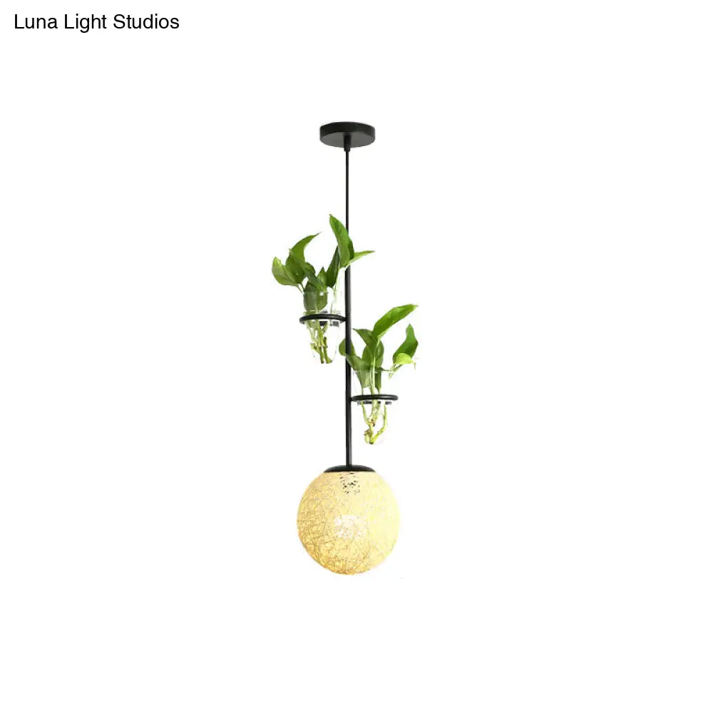 Macaron Rattan Globe Pendant Light With Plant Pot - Beige/Red/Pink