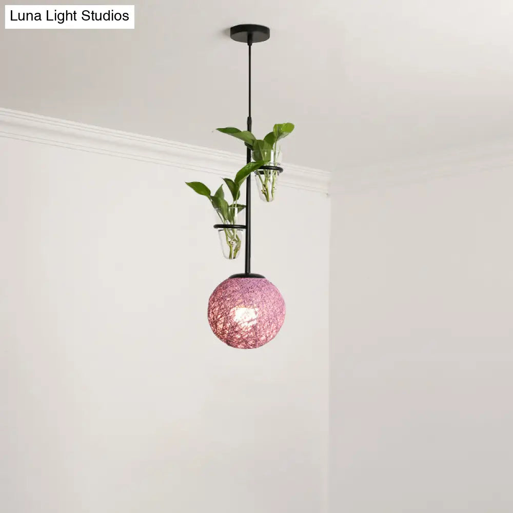 Macaron Rattan Globe Pendant Light With Plant Pot - Beige/Red/Pink