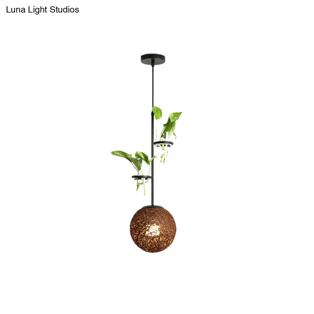 Macaron Rattan Globe Pendant Light With Plant Pot - Beige/Red/Pink