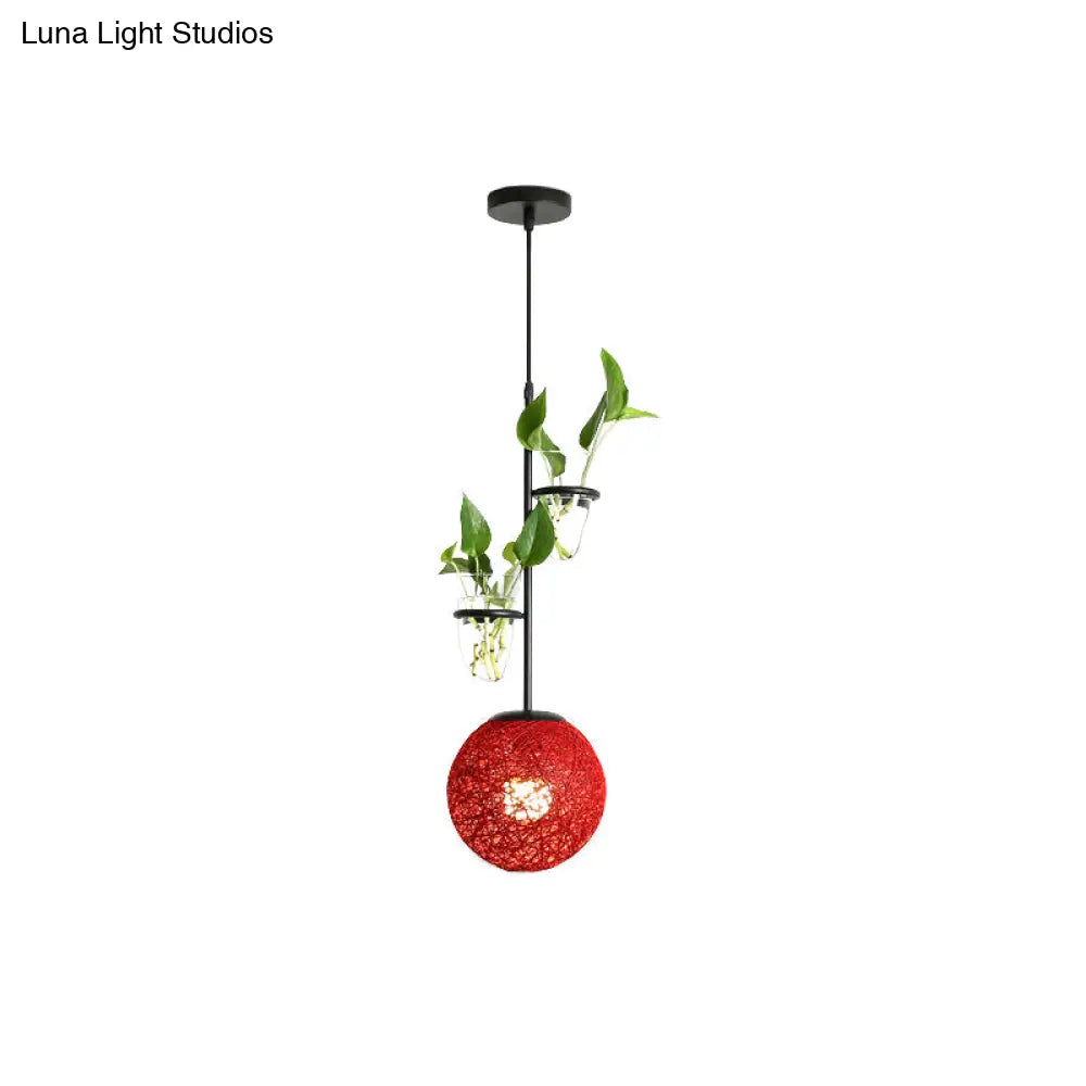 Macaron Rattan Globe Pendant Light With Plant Pot - Beige/Red/Pink