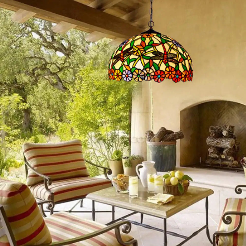 Mediterranean Dragonfly Chandelier with Cut Glass Pendant Lights - Red/Green/Purple Red
