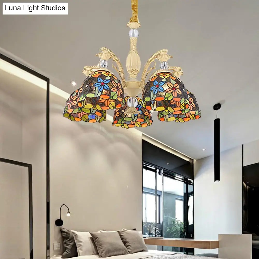 Mediterranean Floral Chandelier Lighting - 6/9/11 Lights Stained Glass Pendant Light Kit (Orange)