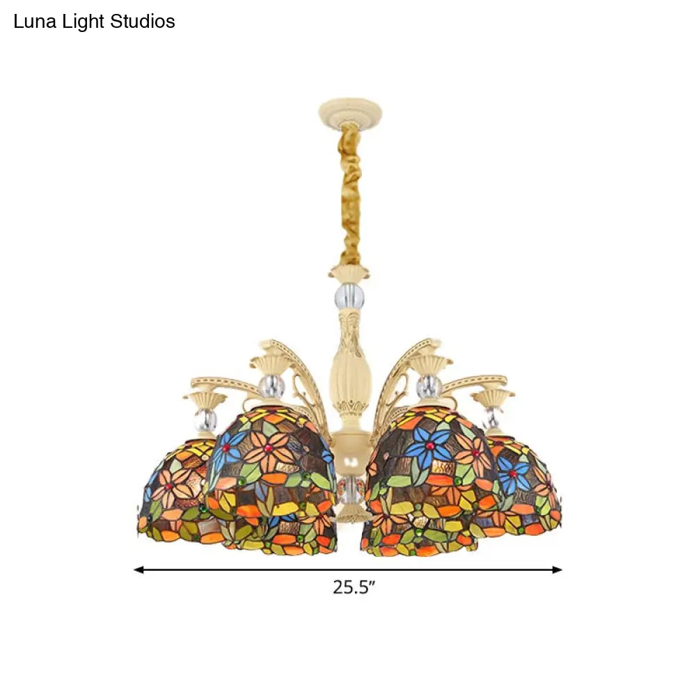 Mediterranean Floral Chandelier Lighting - 6/9/11 Lights Stained Glass Pendant Light Kit (Orange)