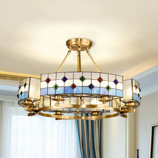 Lustre méditerranéen rond en verre bleu avec 8 lumières - Éclairage intérieur en laiton