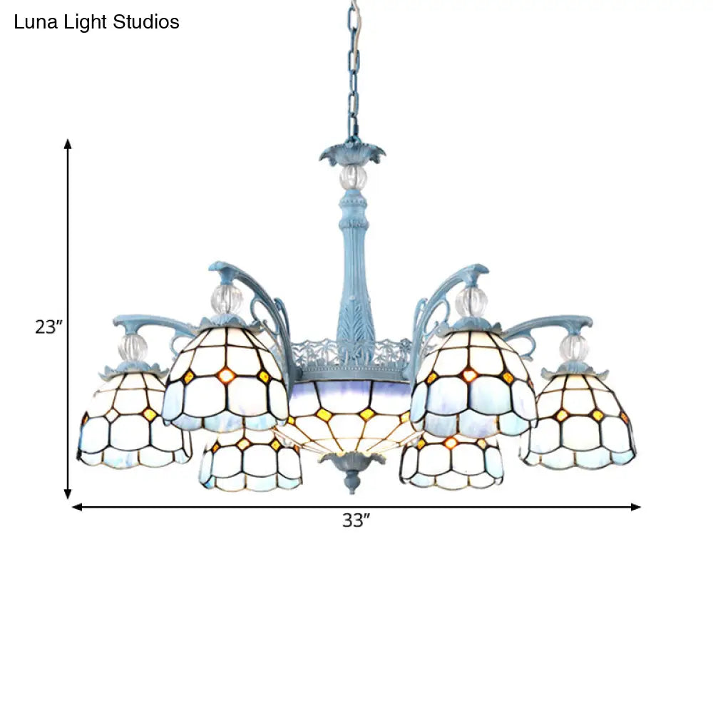 Mediterranean Stained Glass Bell Chandelier - Blue Hanging Lamp With 4/6/8 Lights For Dining Room