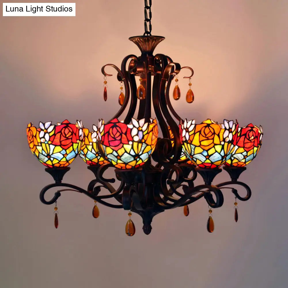 Mediterranean Stained Glass Chandelier - 6-Lights Red/Yellow/Blue Pendant With Crystal Droplet