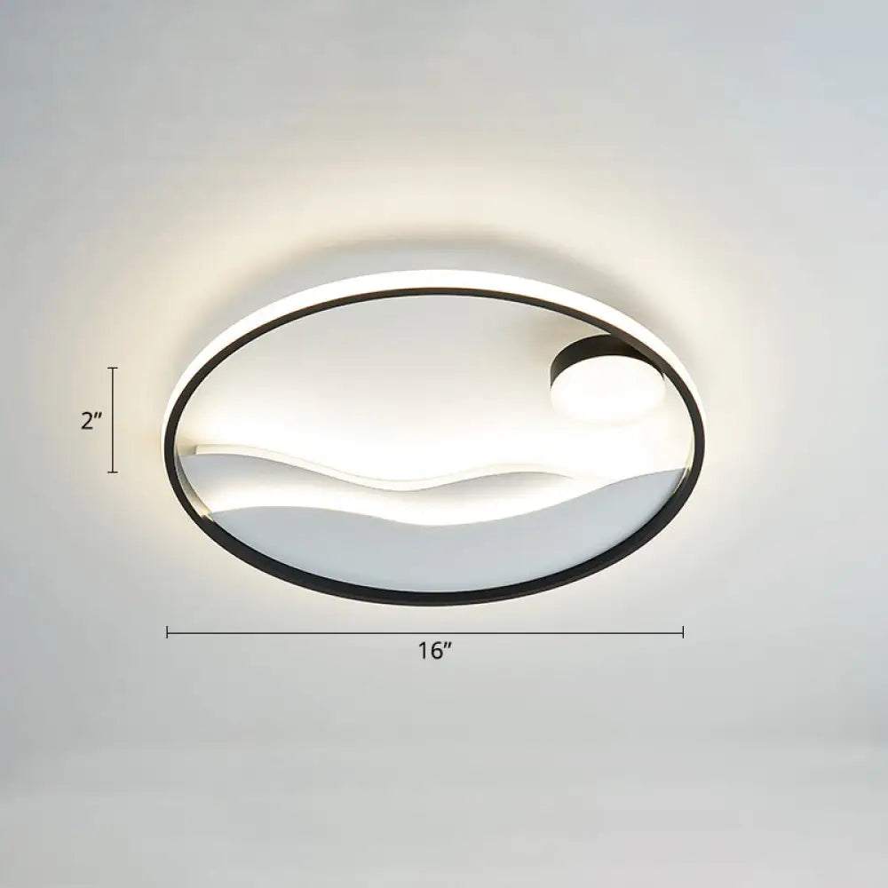 Metal Sunset & Sea Led Ceiling Light With Halo Ring For Bedroom Flush Mounting Black - White /