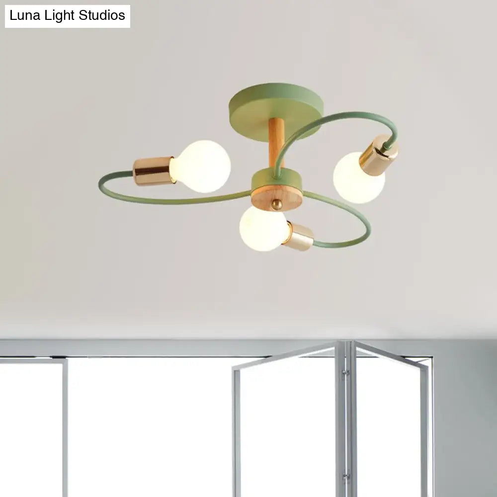 Metal Swirl Industrial Semi Flush Mount Lighting In Grey/Green - 3/6 Lights For Living Room Ceiling