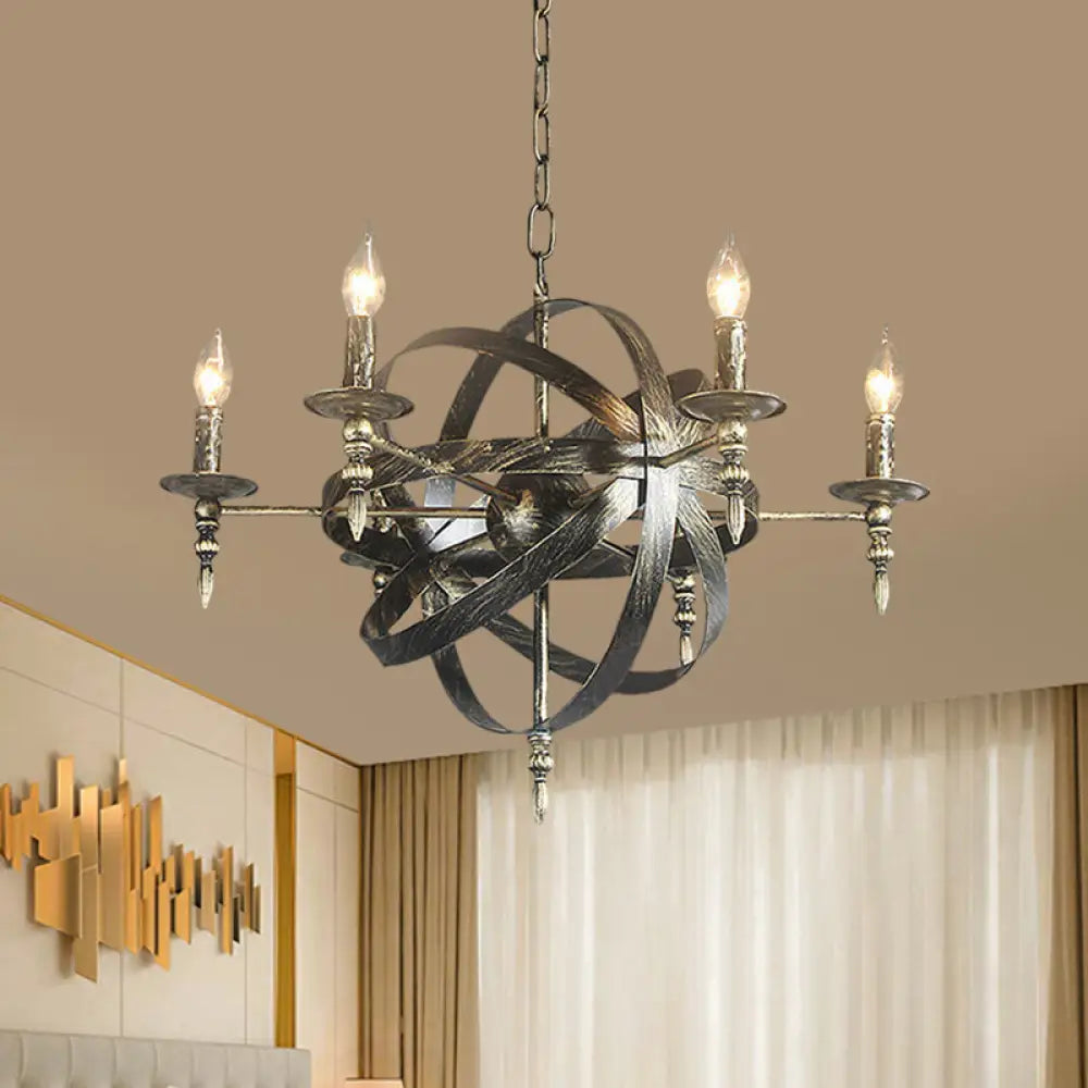 Metallic Chandelier With Spherical Cage Shade - Vintage 6/8 Head Ceiling Light For Restaurants In