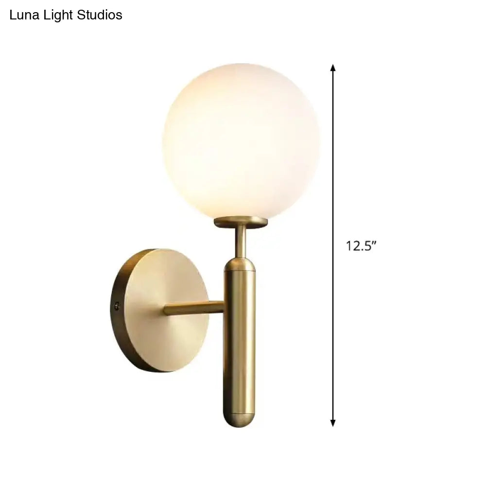 Milky Glass Ball Sconce - Contemporary 1-Head Brass Wall Light Fixture With Metal Arm