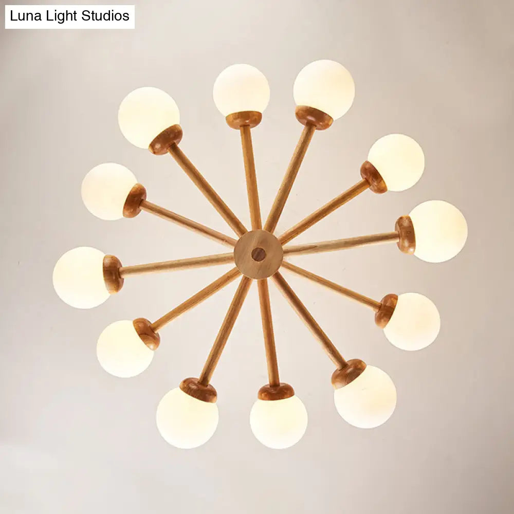 Sleek Minimalist Cream Glass Bedroom Chandelier Light With Wood-Embellished Modo Shaped