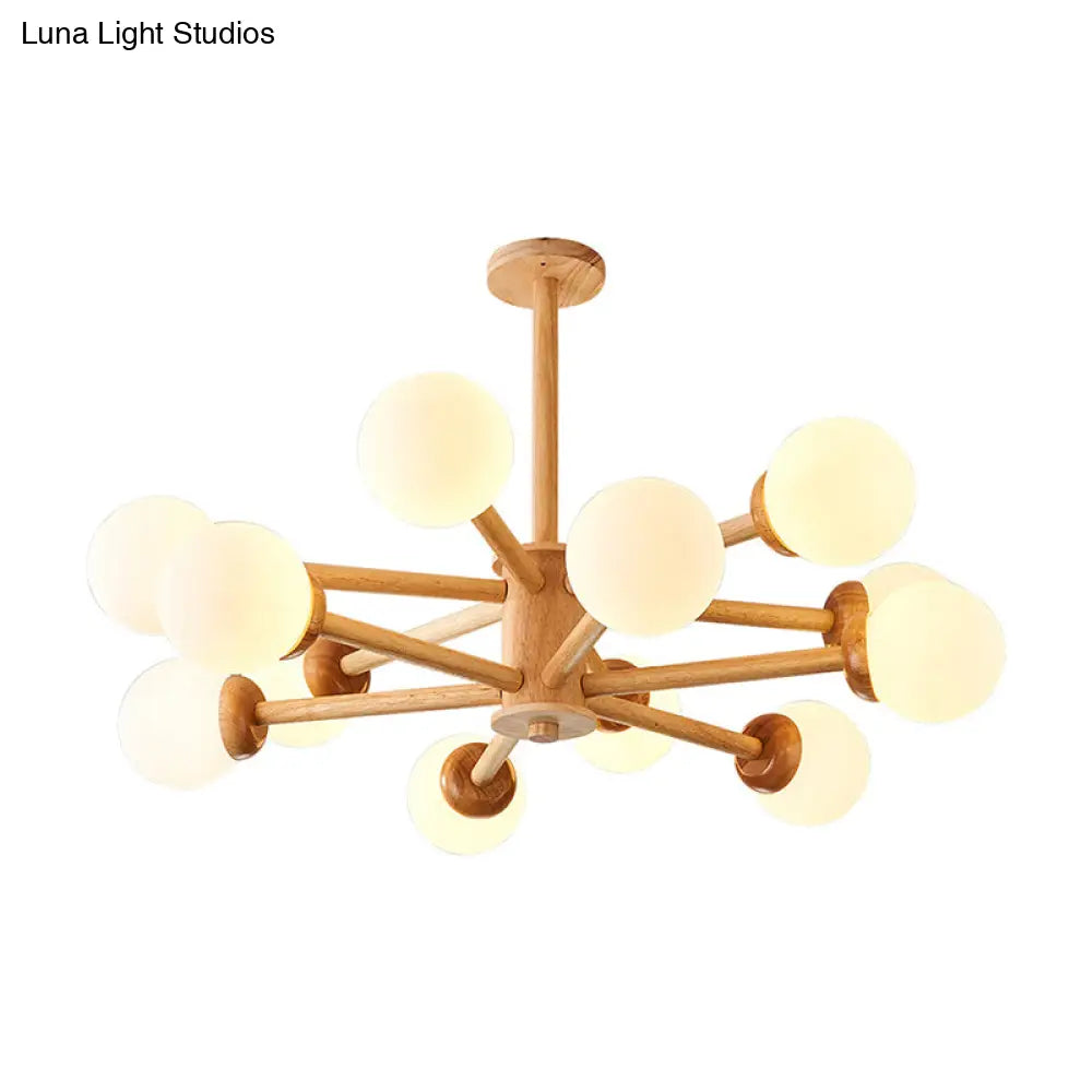 Sleek Minimalist Cream Glass Bedroom Chandelier Light With Wood-Embellished Modo Shaped