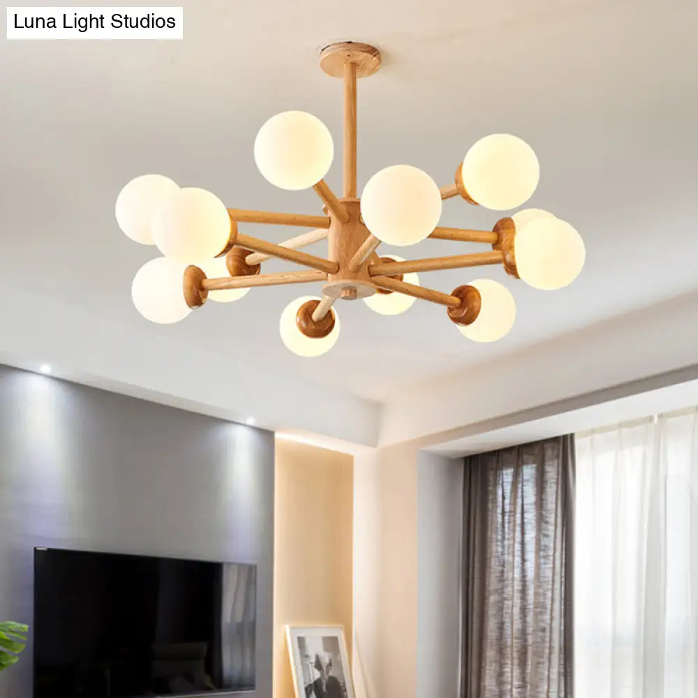 Sleek Minimalist Cream Glass Bedroom Chandelier Light With Wood-Embellished Modo Shaped
