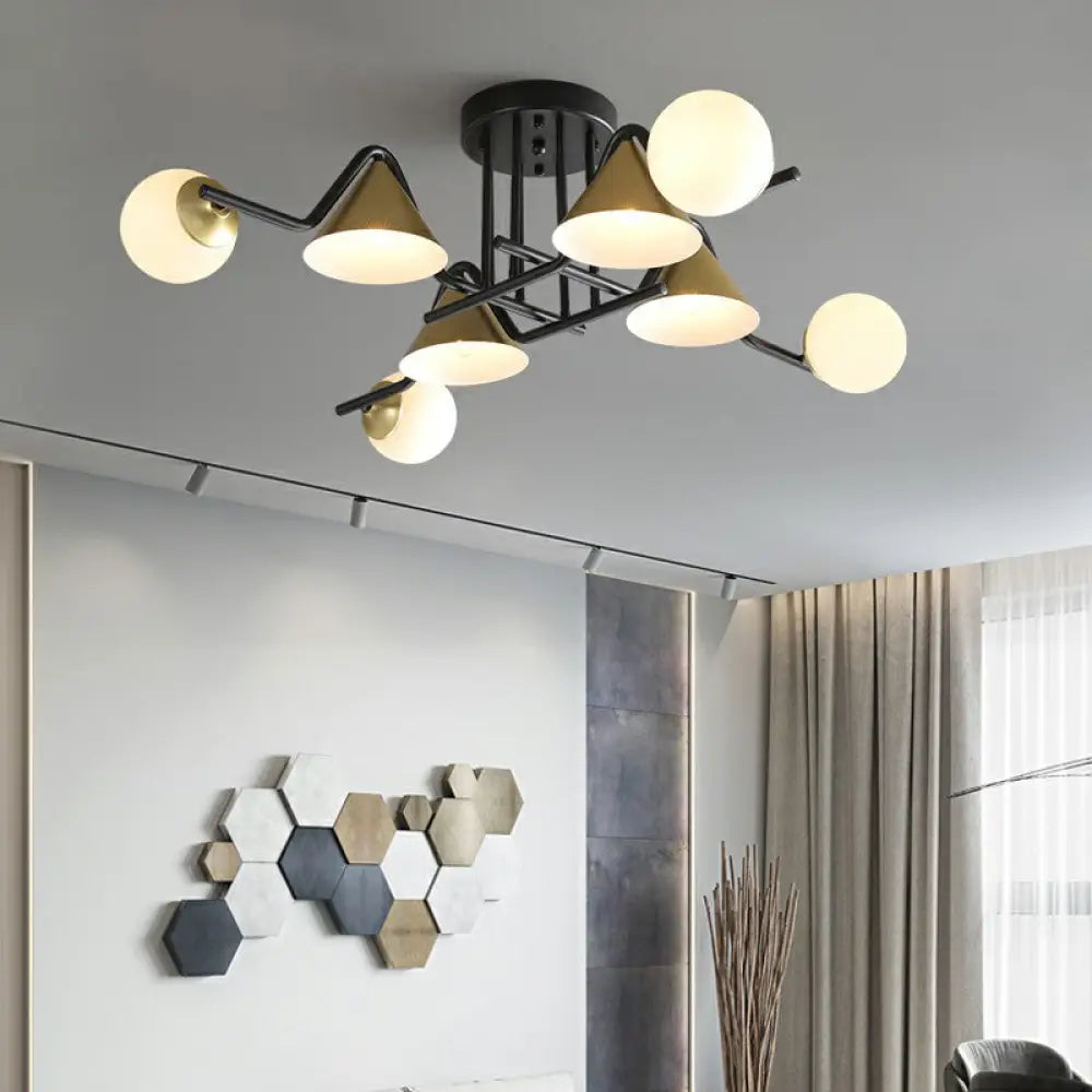 Minimalist Glass Semi Flush Ceiling Light - Cone And Ball Shaped Black - Brass Finish 8 / Cream