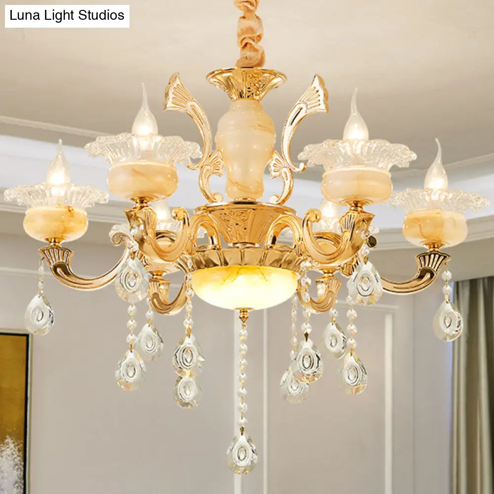 Minimalist Gold Chandelier With Blossom Jade Crystal Draping And Hanging Lamp Kit
