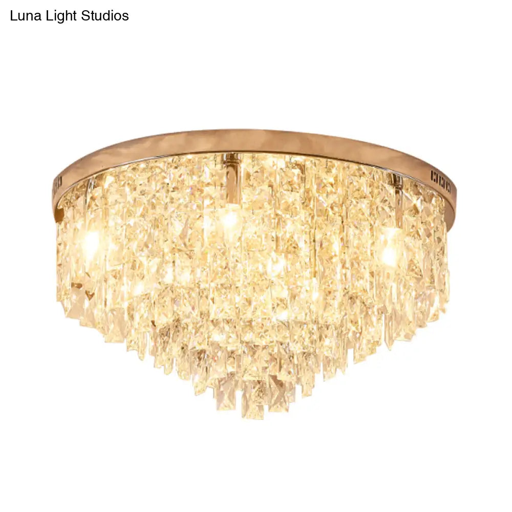 Minimalist Gold Flush Mount Crystal Ceiling Lamp - 12 Heads Clear Layered Design For Living Room