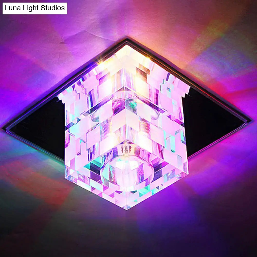 Minimalist Led Ceiling Lamp With Clear Crystal Cube Flush Mount & Checkered Pattern For Living Room