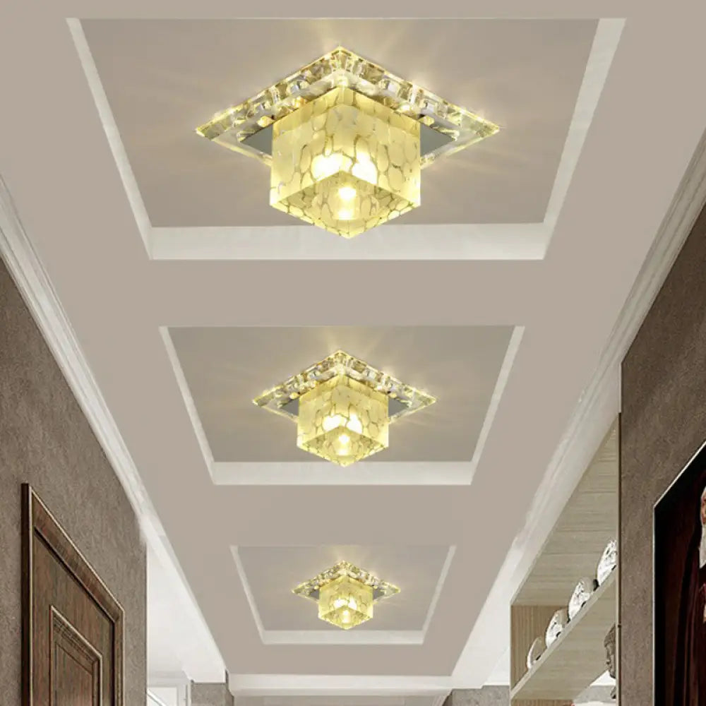 Minimalist LED Hallway Ceiling Lamp with Cube Crystal Shade - Clear Flush Mount Light Clear / Yellow