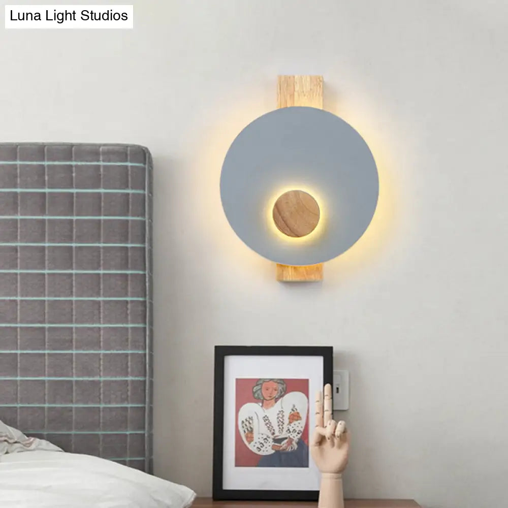 Minimalist Led Metal Disk Wall Light Fixture With Wood Backplate - Black/Grey/White