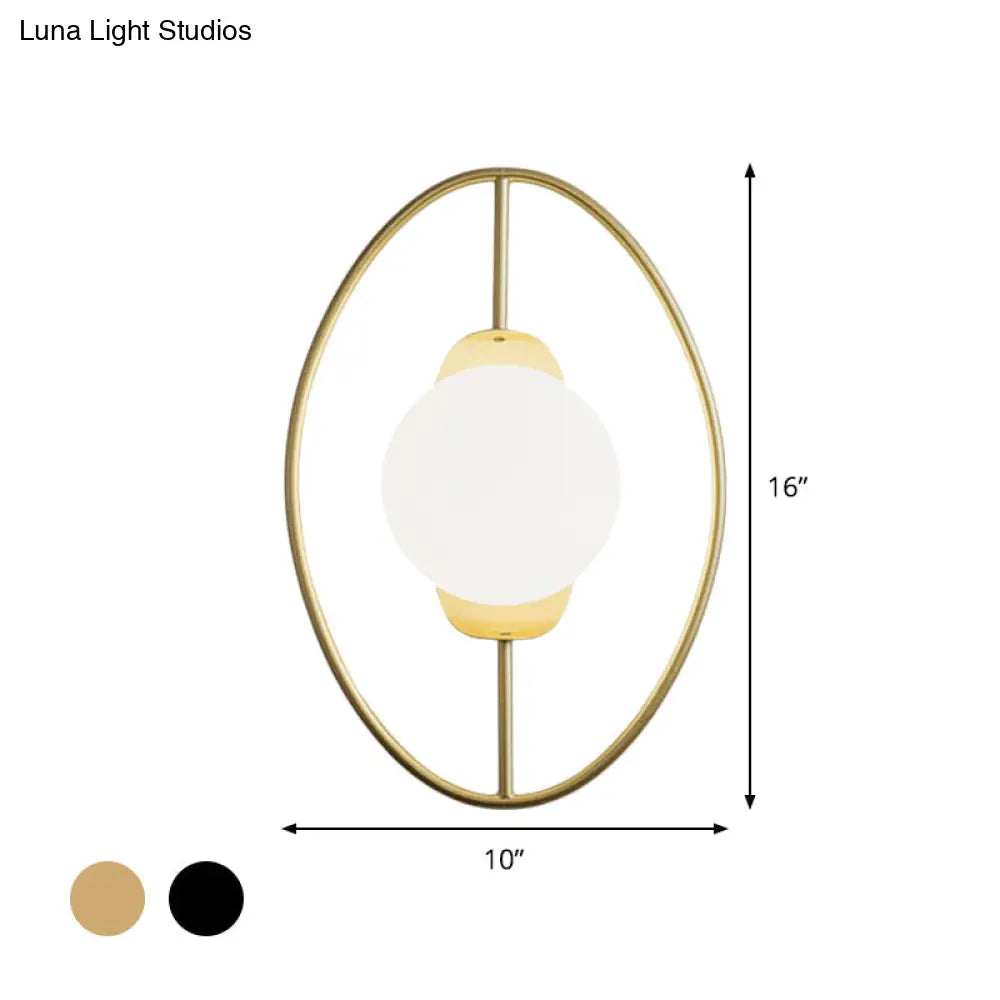Minimalist Metal Halo Ring Sconce Lighting With Black/Gold Finish Orb White Glass Shade