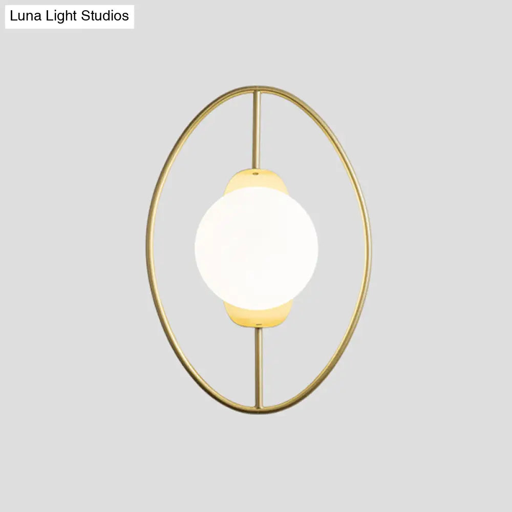 Minimalist Metal Halo Ring Sconce Lighting With Black/Gold Finish Orb White Glass Shade