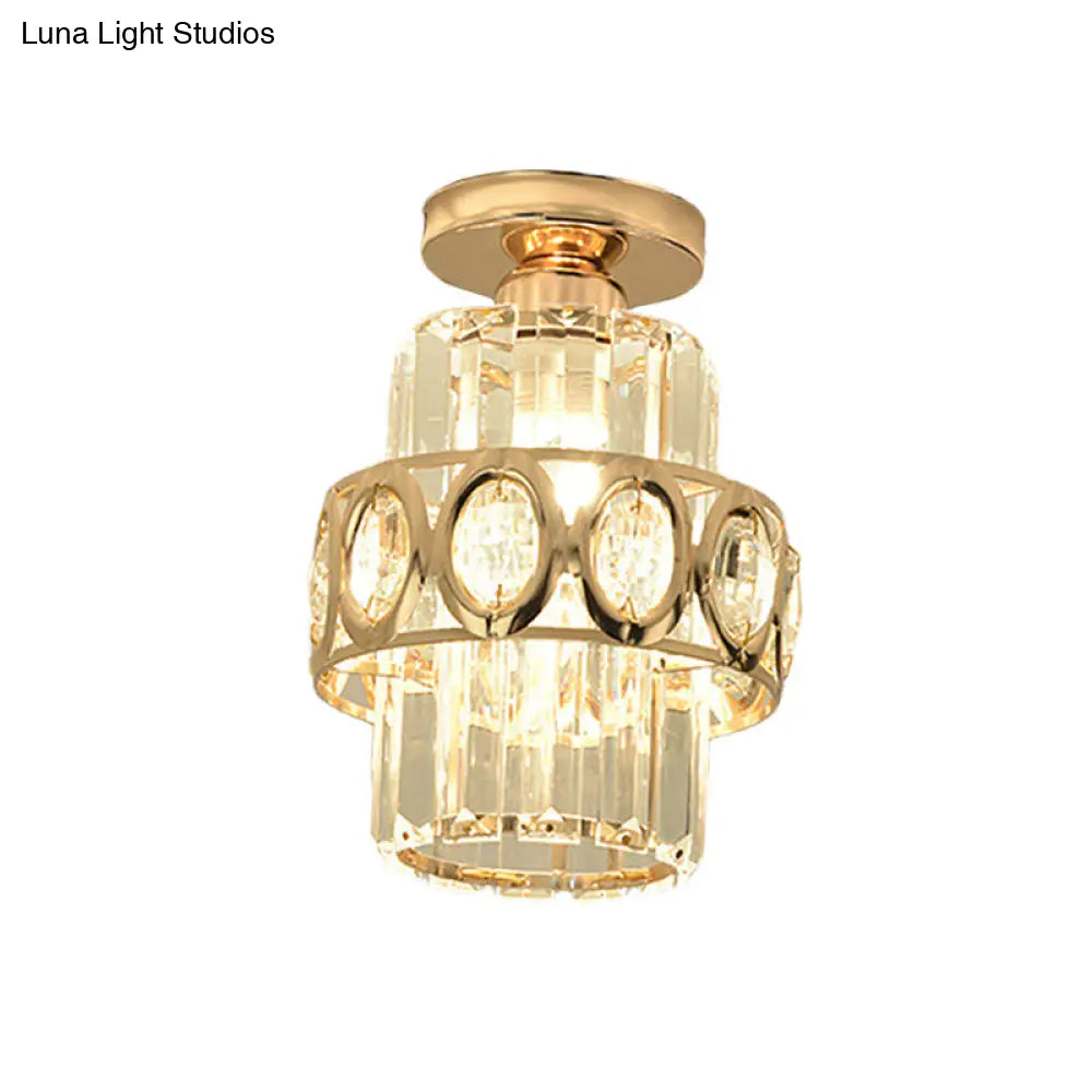 Modern 1-Light Cylinder Crystal Flush Ceiling Light In Gold With Circlet/Leaf Guard