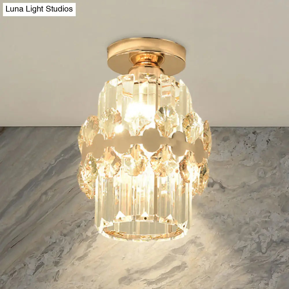 Modern 1-Light Cylinder Crystal Flush Ceiling Light In Gold With Circlet/Leaf Guard