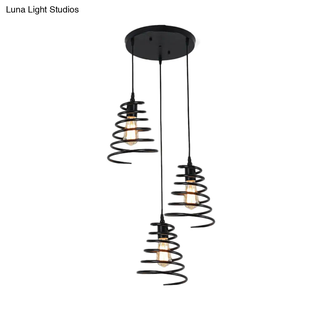 Modern 3-Head Pendant Light In Black - Multi Fixture For Loft Conical Spring Iron Design With