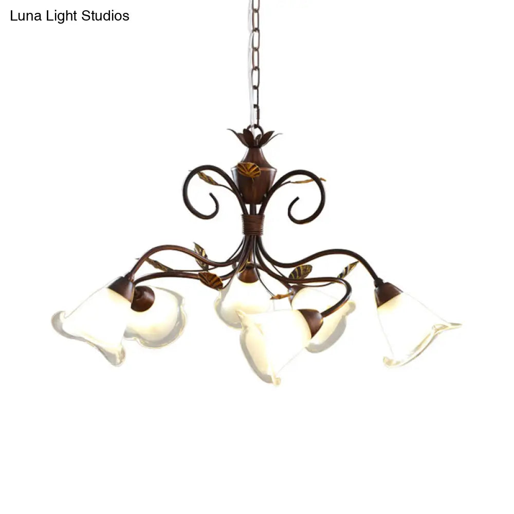Modern 6-Light Bedroom Chandelier: Red Brown Pendant Light With Frosted Flower Glass Shade