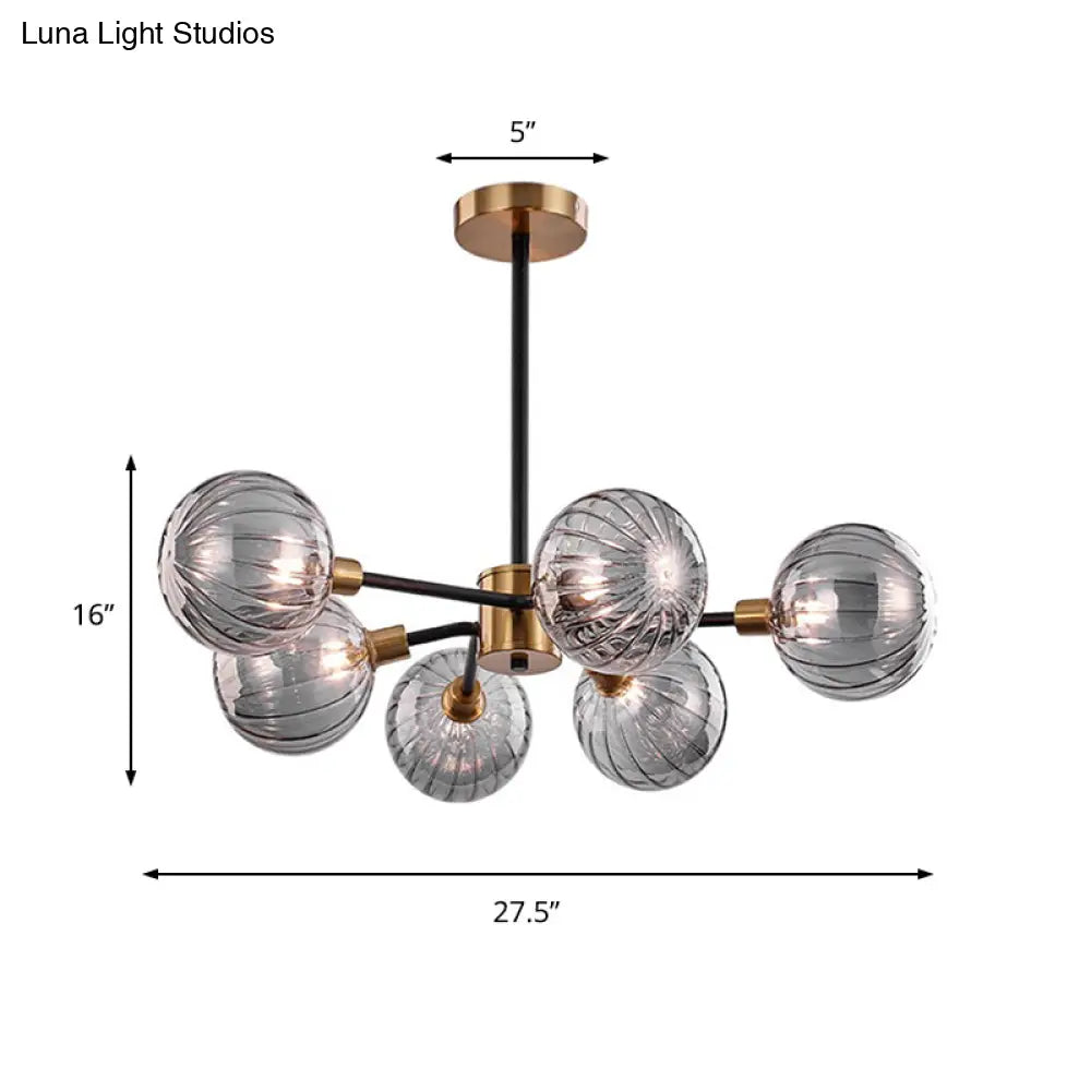 Modern Ball Chandelier Smoke Gray Glass 6 Bulbs Ceiling Suspension Lamp