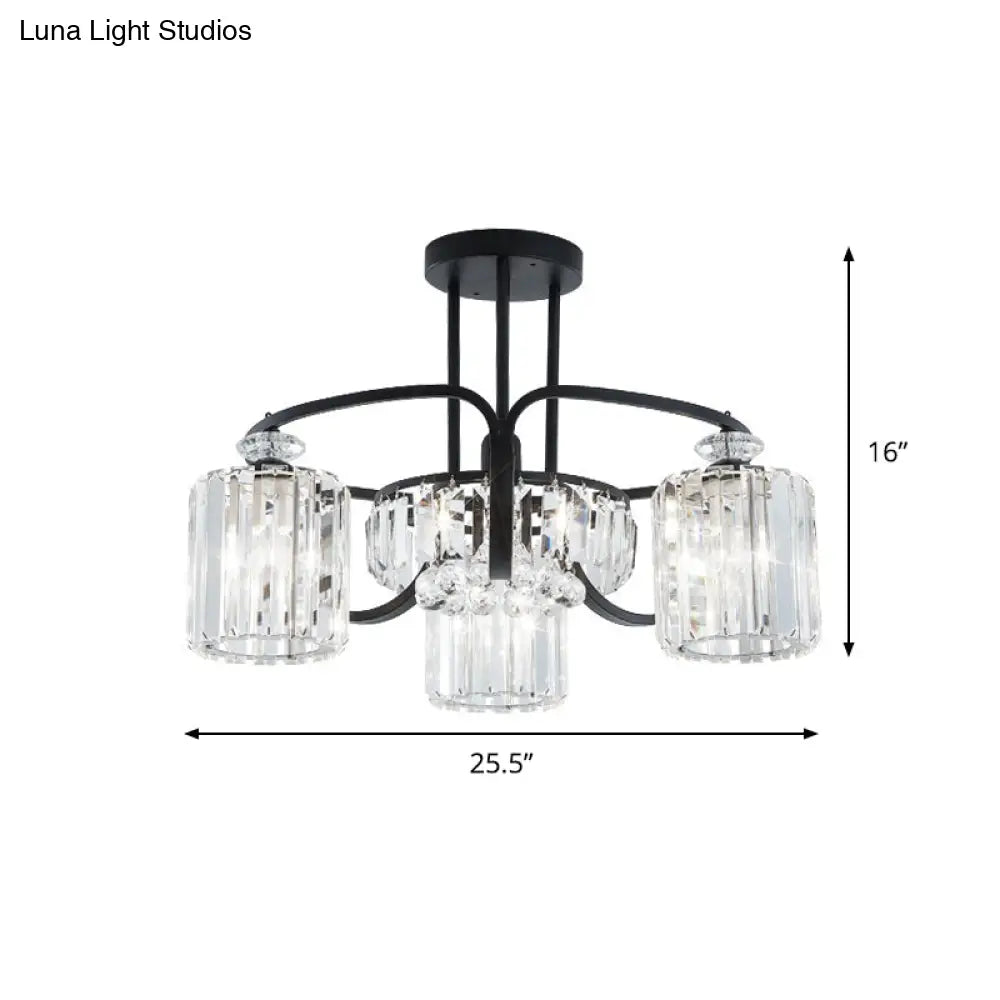 Modern Black Crystal Ceiling Lamp With Clear Cylindrical Shade - Semi Mount 4/8 Heads Dining Room