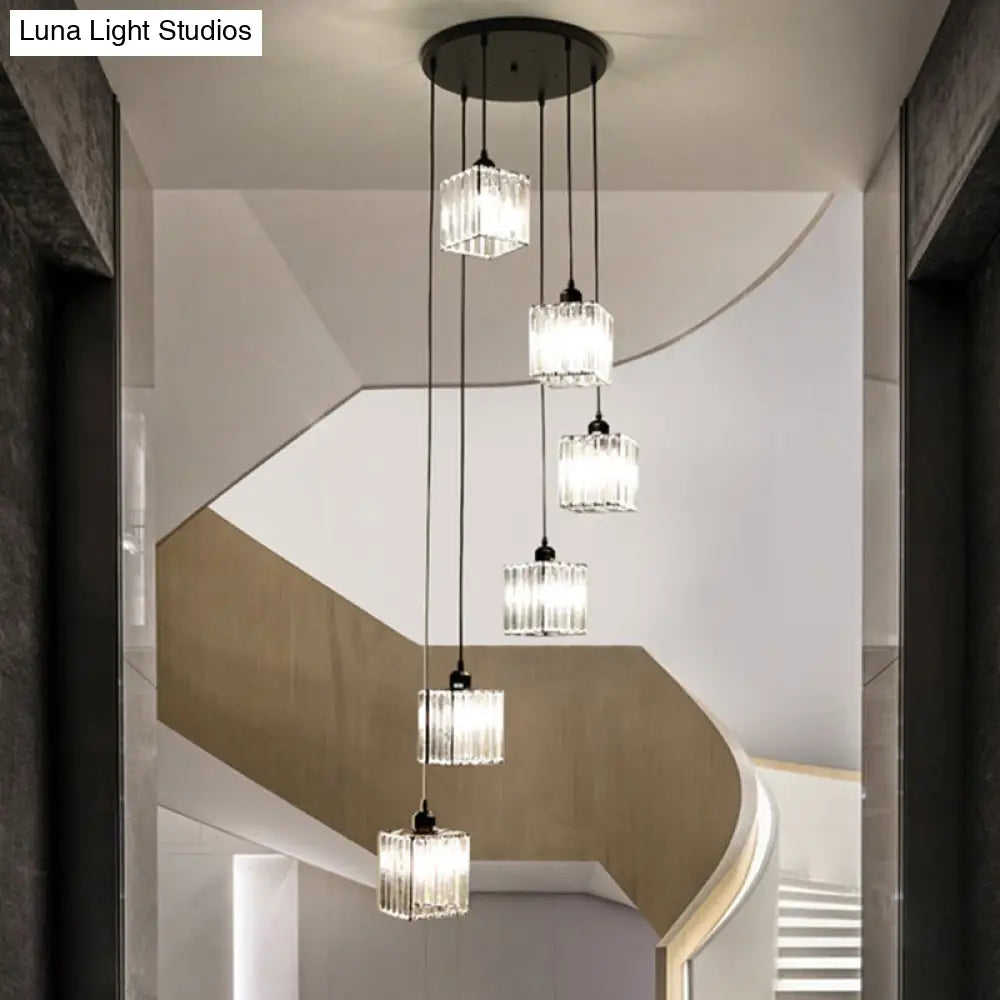 Modern Black Crystal Spiral Cube Pendant Light - 6 Bulbs Multi Light Hanging Fixture Black