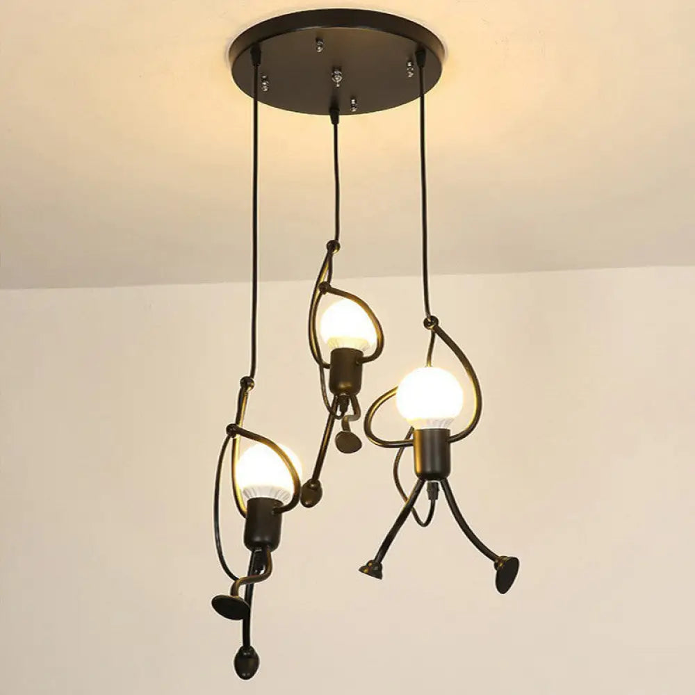 Modern Black Stick Figure Ceiling Light - 3-Bulb Metal Hanging Fixture / Round