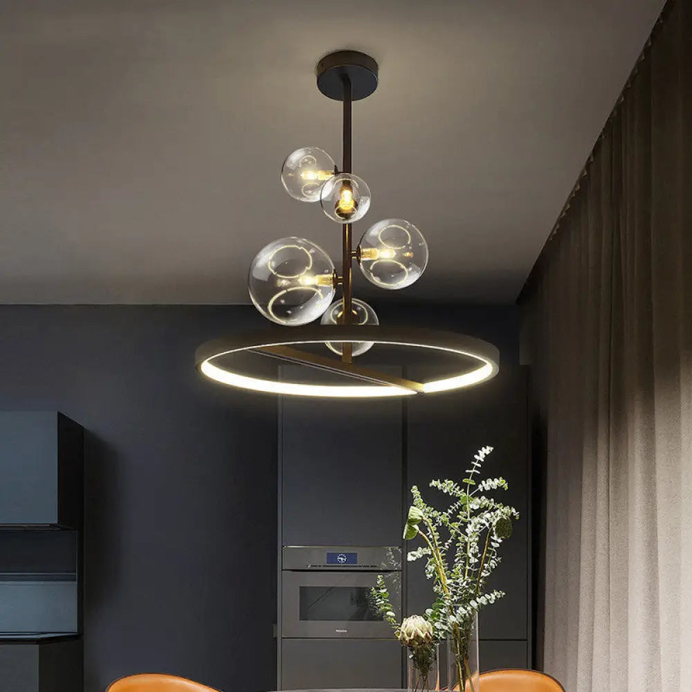 Modern Clear Glass Bubble Chandelier 5 Light Black Pendant Light with Loop Bottom Black / Large
