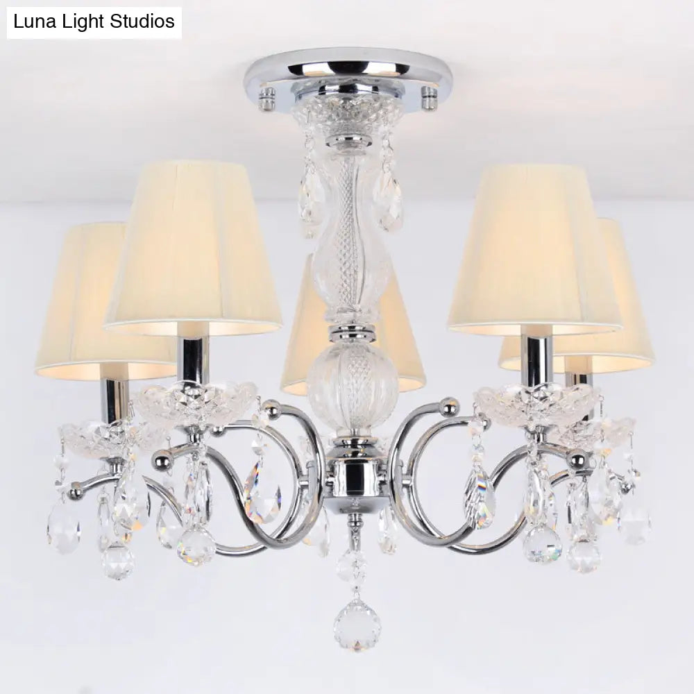 Modern Cone Semi Flush Crystal Ceiling Light Fixture With Swirled Arm - 5 - Head Nickle Design