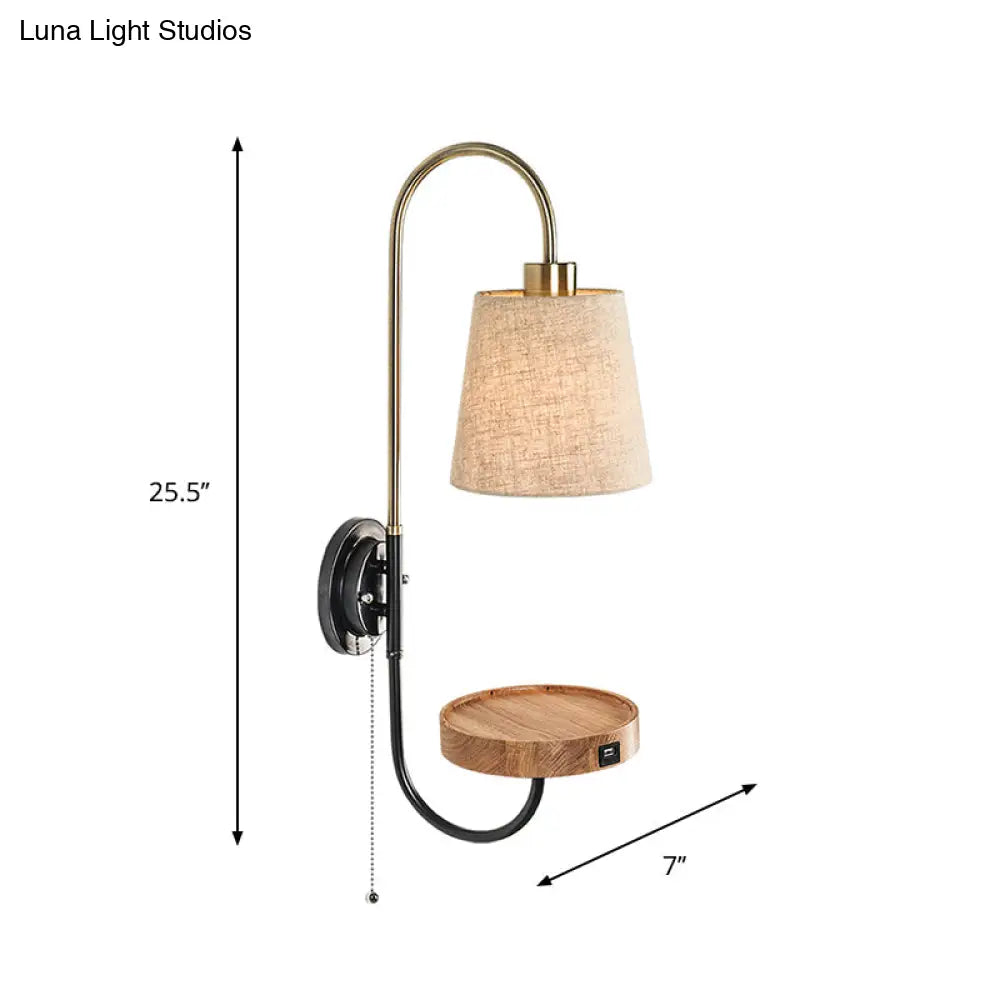 Modern Conical Fabric Wall Mount Lamp With Usb Port And Wood Rack