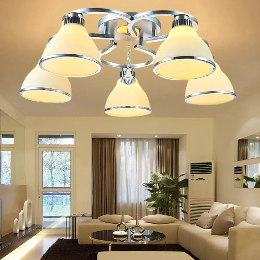 Modern Crystal 5 - Light Cone Semi Flush Ceiling Light In Chrome With Opal Glass Shade For Living