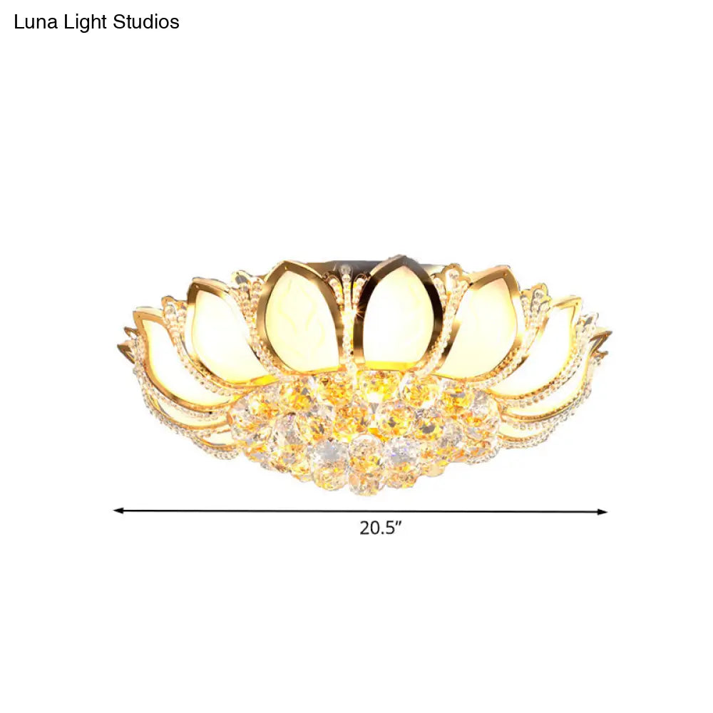 Modern Crystal Flower Flush Mount With 7 Heads In White And Gold For Living Room